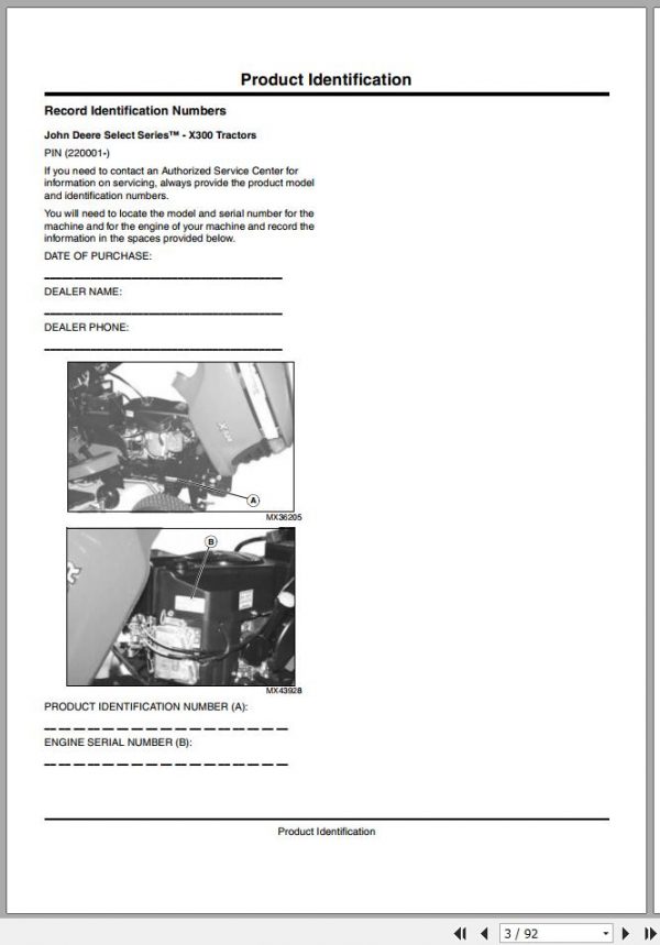 John Deere Tractor X300 SN 220001 Operators Manual 1