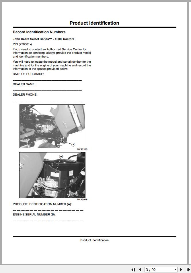 John Deere Tractor X300 SN 220001 Operators Manual 1