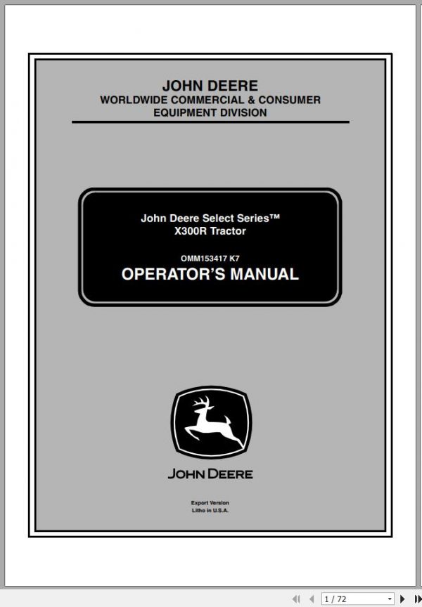 John Deere Tractor X300R SN 040001 Operators Manual 1