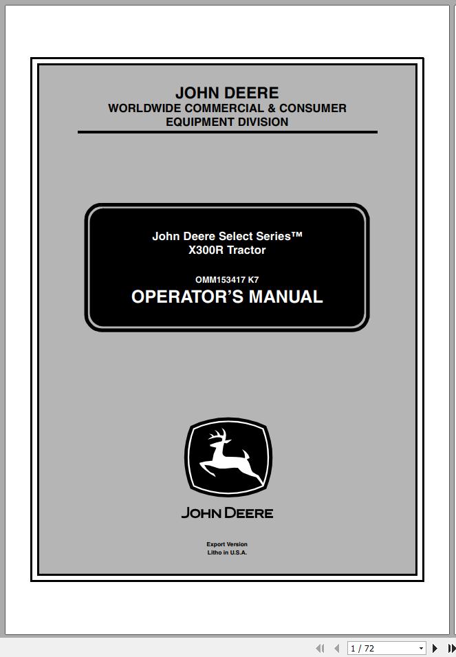 John Deere Tractor X300R SN 040001 Operators Manual 1
