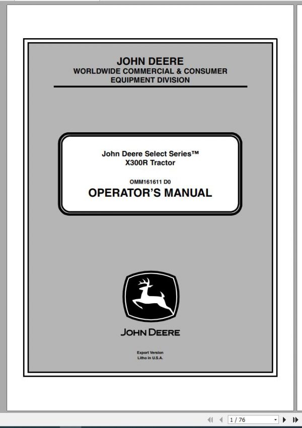 John Deere Tractor X300R SN 150001 Operators Manual 1