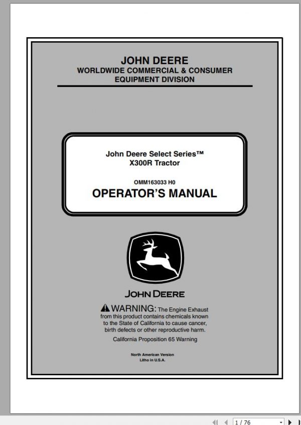 John Deere Tractor X300R SN 180001 Operators Manual OMM163033 H0 2010 1