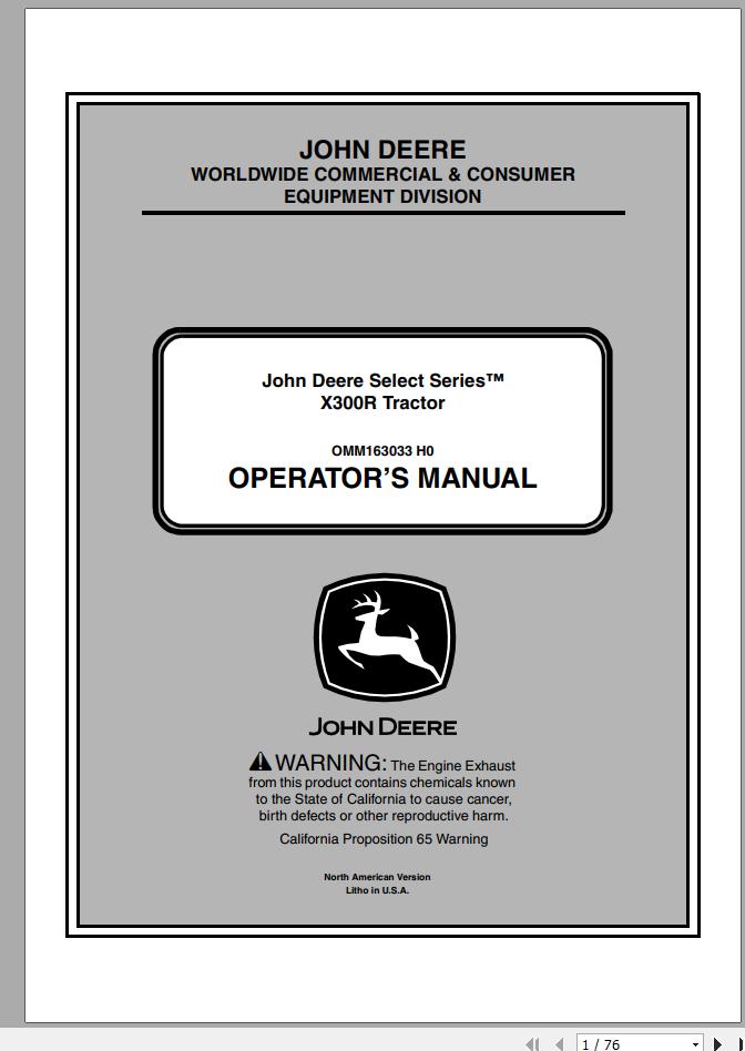 John Deere Tractor X300R SN 180001 Operators Manual OMM163033 H0 2010 1