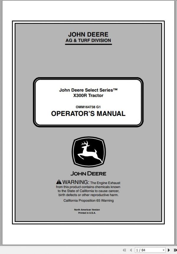 John Deere Tractor X300R SN 220001 Operators Manual OMM164738 G1 2011 1