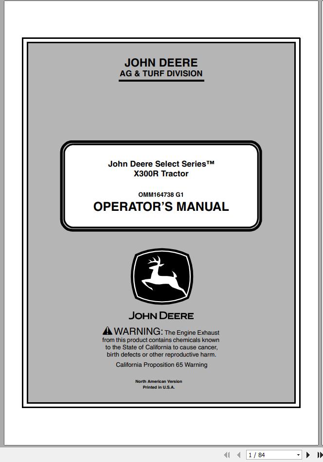 John Deere Tractor X300R SN 220001 Operators Manual OMM164738 G1 2011 1
