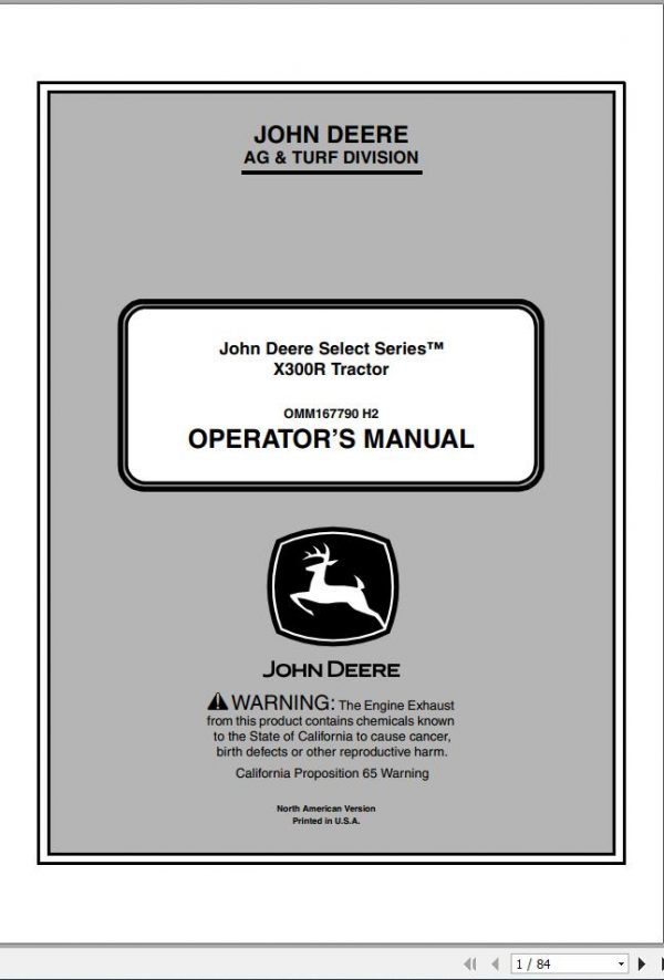 John Deere Tractor X300R SN 250001 Operators Manual OMM167790 H2 2012 1