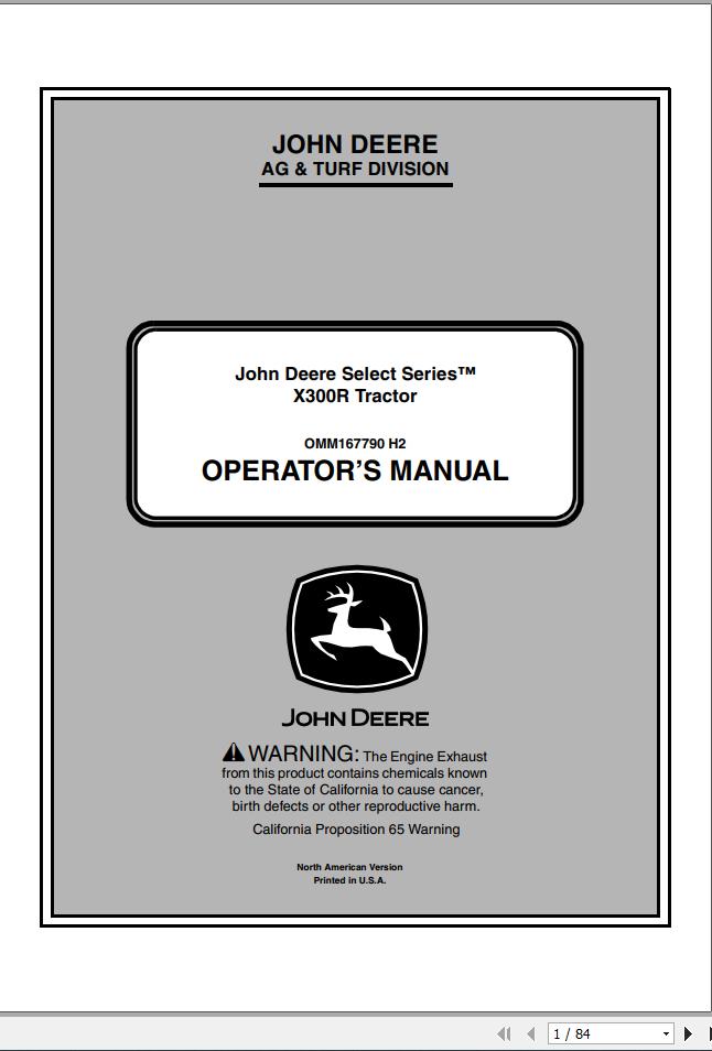 John Deere Tractor X300R SN 250001 Operators Manual OMM167790 H2 2012 1