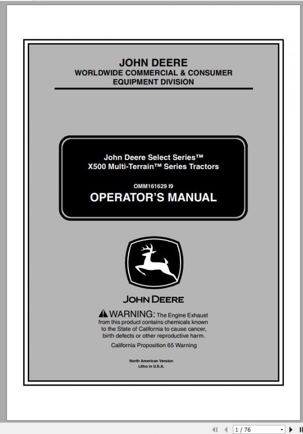 John Deere Tractor X500 Multi Terrain Operators Manual OMM161629 I9 2009 1