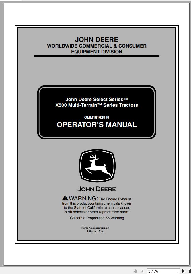 John Deere Tractor X500 Multi Terrain Operators Manual OMM161629 I9 2009 1