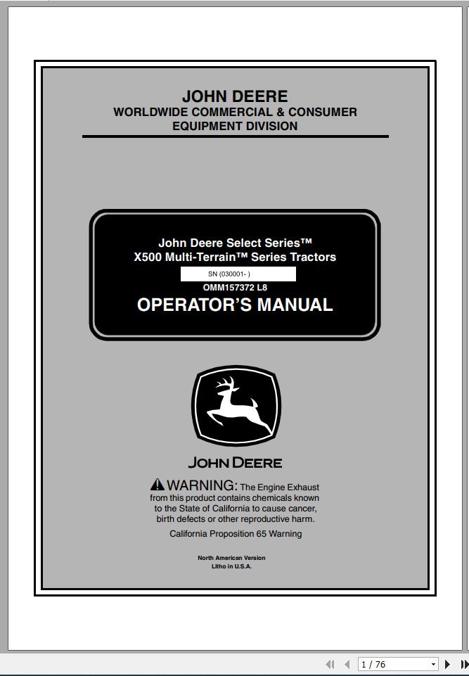 John Deere Tractor X500 Multi Terrain SN 030001 Operators Manual OMM157372 L8 2008 1