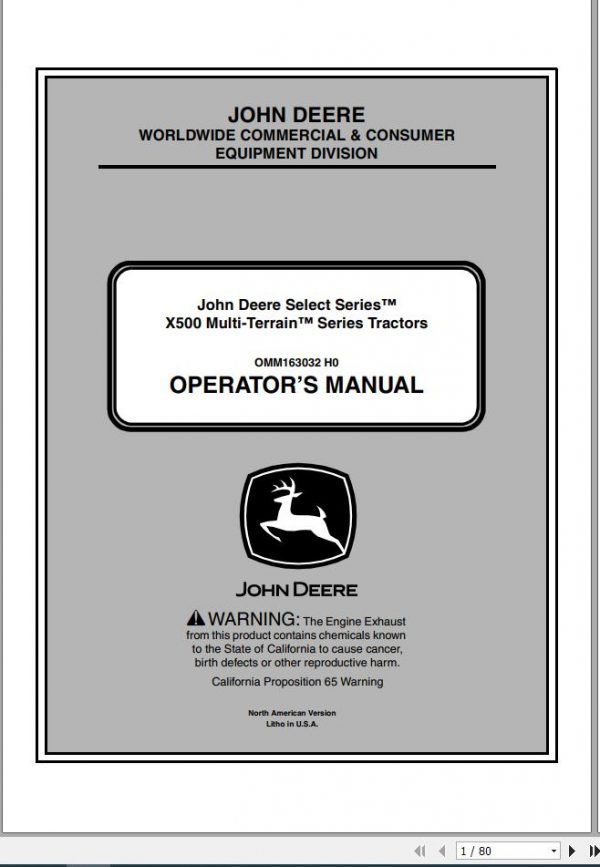 John Deere Tractor X500 Multi Terrain SN 060001 Operators Manual OMM163032 H0 2010 1