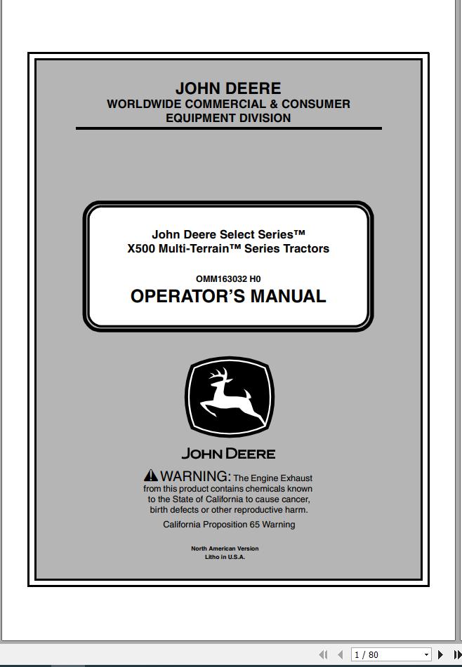 John Deere Tractor X500 Multi Terrain SN 060001 Operators Manual OMM163032 H0 2010 1