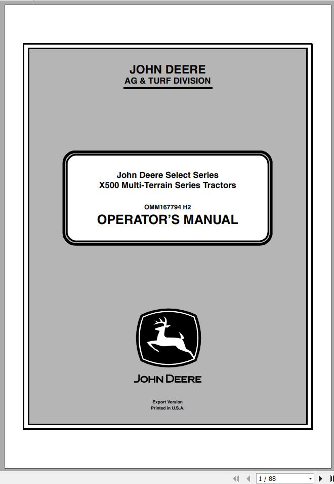 John Deere Tractor X500 Multi Terrain SN 080001 Operators Manual OMM167794 H2 1