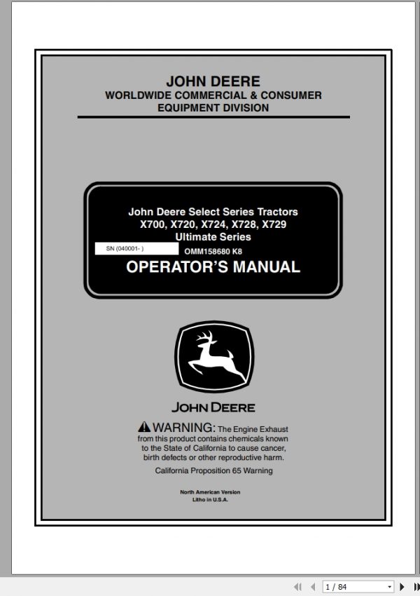 John Deere Tractor X700 X729 SN 040001 Operators Manual OMM158680 K8 2008 1