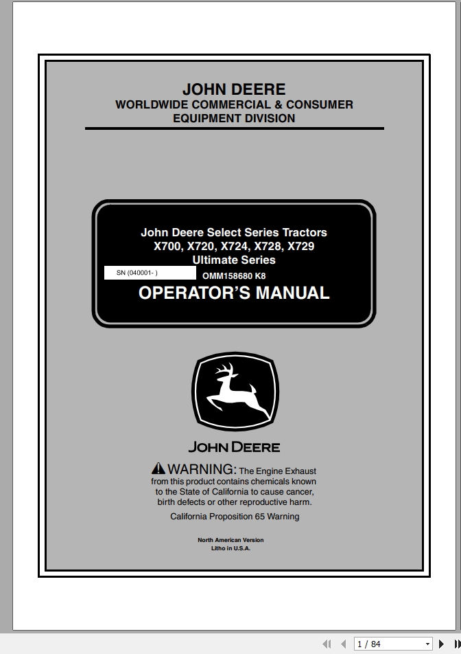 John Deere Tractor X700 X729 SN 040001 Operators Manual OMM158680 K8 2008 1