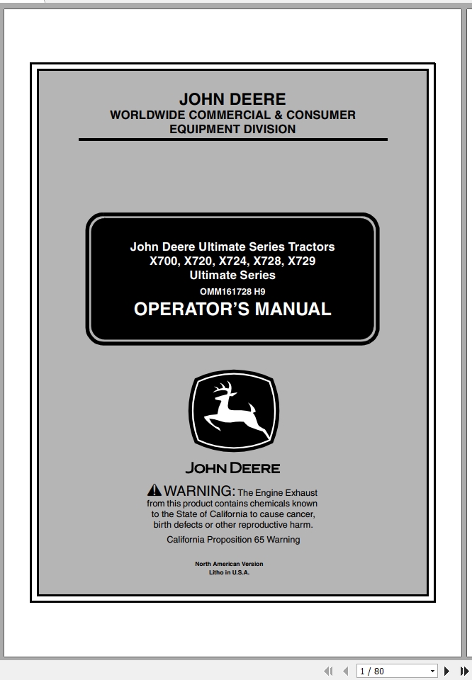 John Deere Tractor X700 X729 SN 050001 Operators Manual OMM161728 H9 2009 1