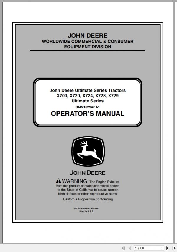 John Deere Tractor X700 X729 SN 060001 Operators Manual OMM162947 A1 2011 1