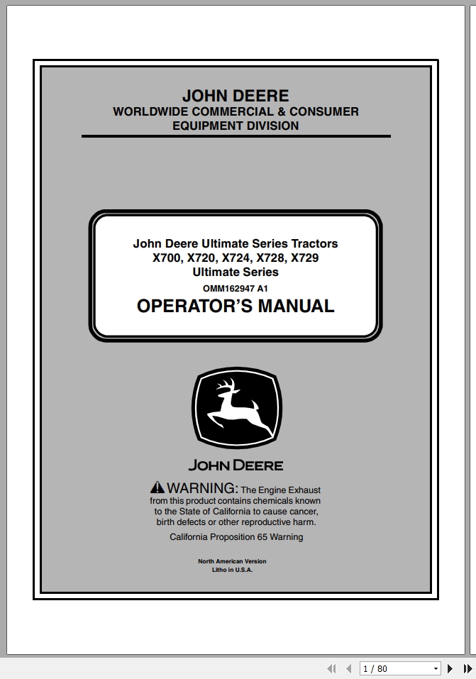 John Deere Tractor X700 X729 SN 060001 Operators Manual OMM162947 A1 2011 1
