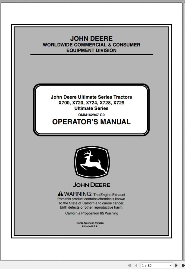 John Deere Tractor X700 X729 SN 060001 Operators Manual OMM162947 G0 2010 1