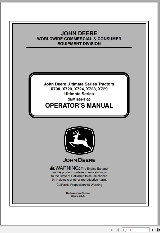 John Deere Tractor X700 X729 SN 060001 Operators Manual OMM162947 G0 2010 1
