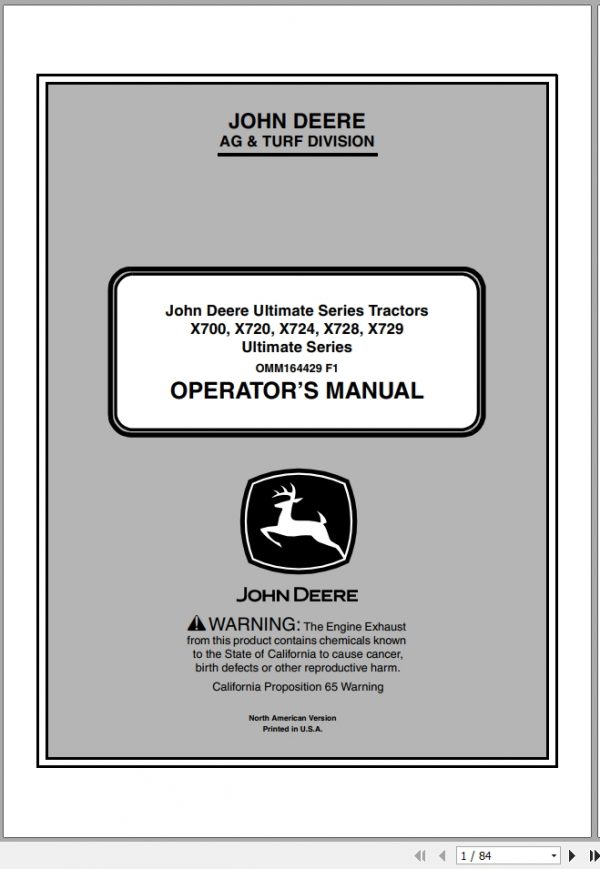 John Deere Tractor X700 X729 SN 070001 Operators Manual OMM164429 F1 2011 1