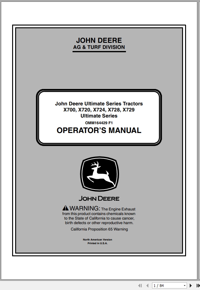 John Deere Tractor X700 X729 SN 070001 Operators Manual OMM164429 F1 2011 1