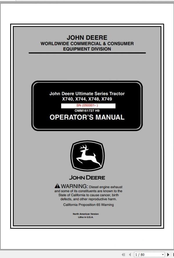 John Deere Tractor X740 X744 X748 X749 SN 050001 Operators Manual OMM161727 H9 2009 1