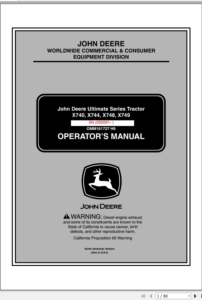John Deere Tractor X740 X744 X748 X749 SN 050001 Operators Manual OMM161727 H9 2009 1