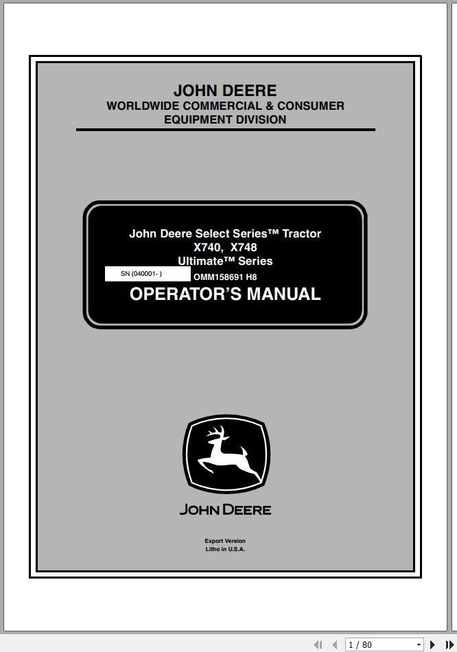 John Deere Tractor X740 X748 SN 040001 Operators Manual OMM158691 H8 2008 1