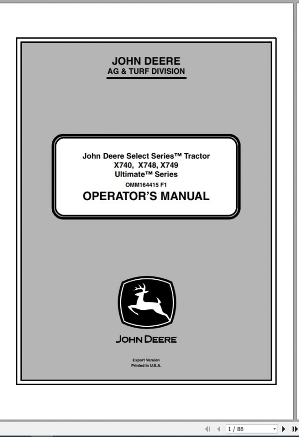 John Deere Tractor X740 X748 X749 SN 070001 Operators Manual OMM164415 F1 2011 1