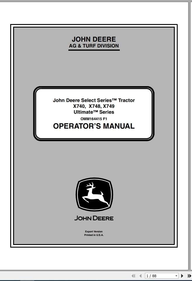 John Deere Tractor X740 X748 X749 SN 070001 Operators Manual OMM164415 F1 2011 1