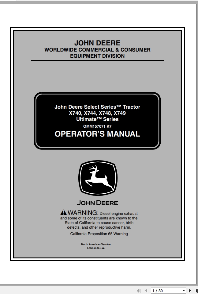 John Deere Tractor X740 X749 SN 030001 Operators Manual OMM157071 K7 2007 1