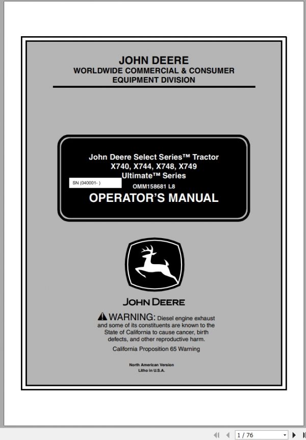John Deere Tractor X740 X749 SN 040001 Operators Manual OMM158681 L8 2008 1