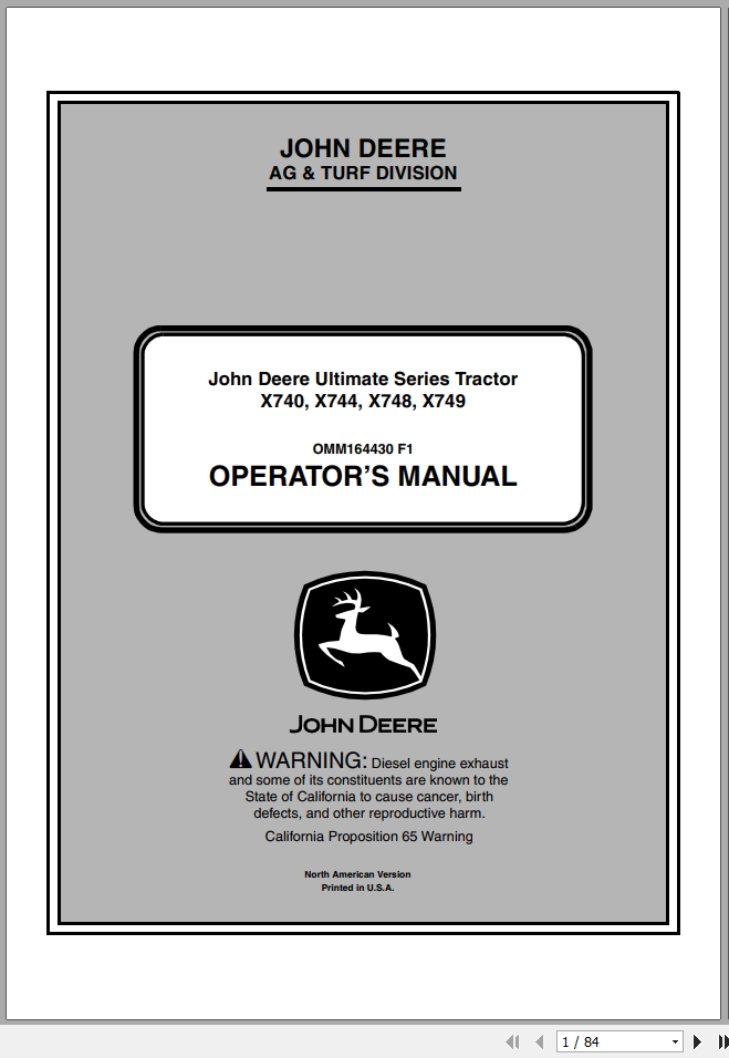 John Deere Tractor X740 X749 SN 070001 Operators Manual OMM164430 F1 2011 1