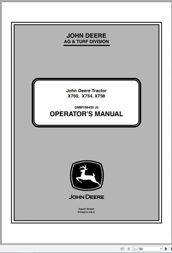 John Deere Tractor X750 X754 X758 SN 010001 Operators Manual OMM169420 J2 2012 1