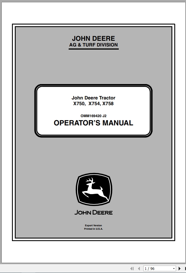 John Deere Tractor X750 X754 X758 SN 010001 Operators Manual OMM169420 J2 2012 1