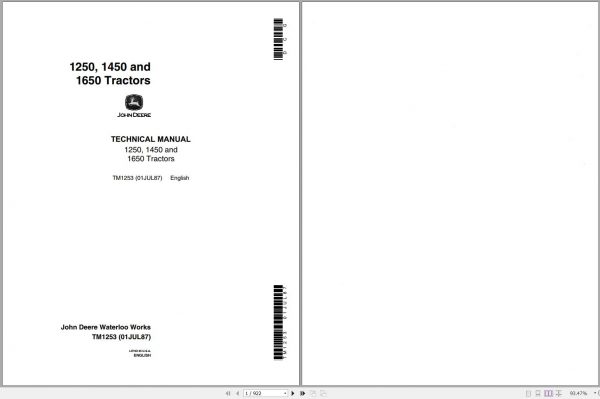 John Deere Tractors 1250 1450 1650 Technical Manual TM1253 1