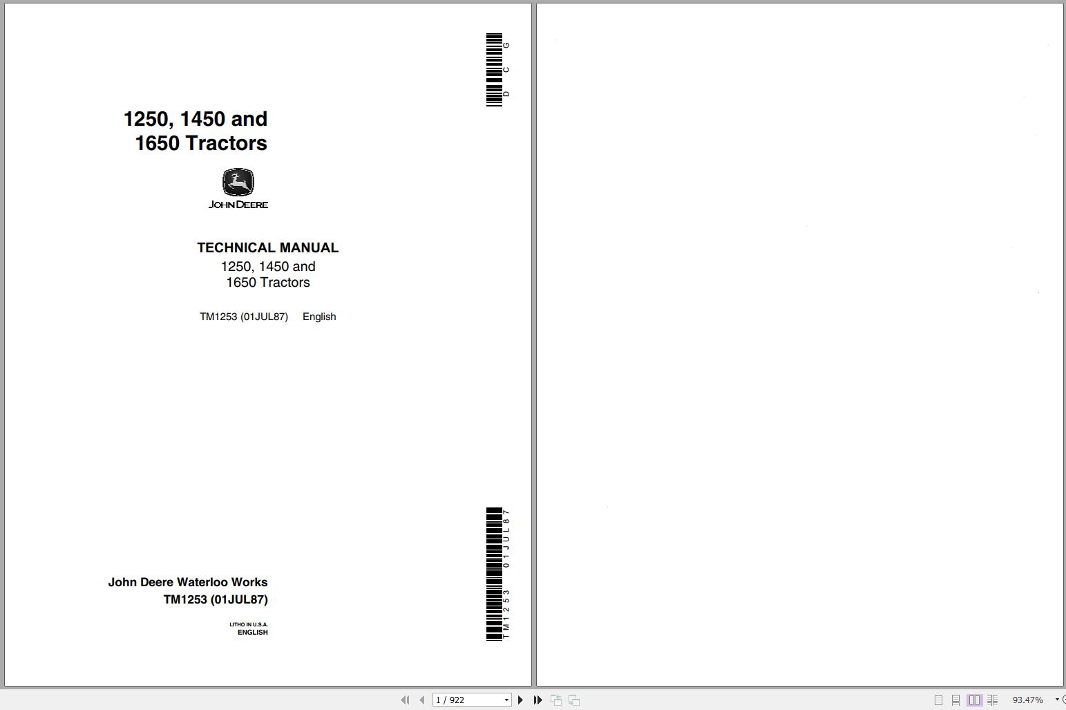 John Deere Tractors 1250 1450 1650 Technical Manual TM1253 1