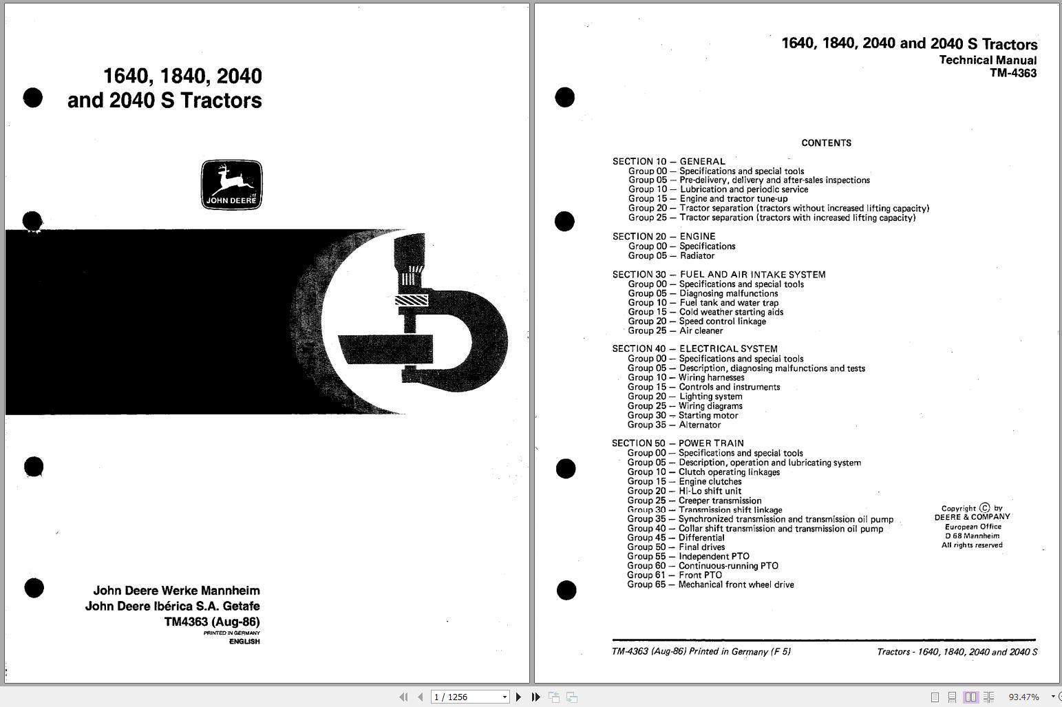 John Deere Tractors 1640 1840 2040 S Technical Manual TM4363 1