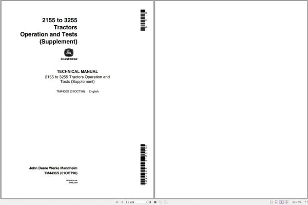 John Deere Tractors 2155 to 3255 Supplement Technical Manual TM4436S 1