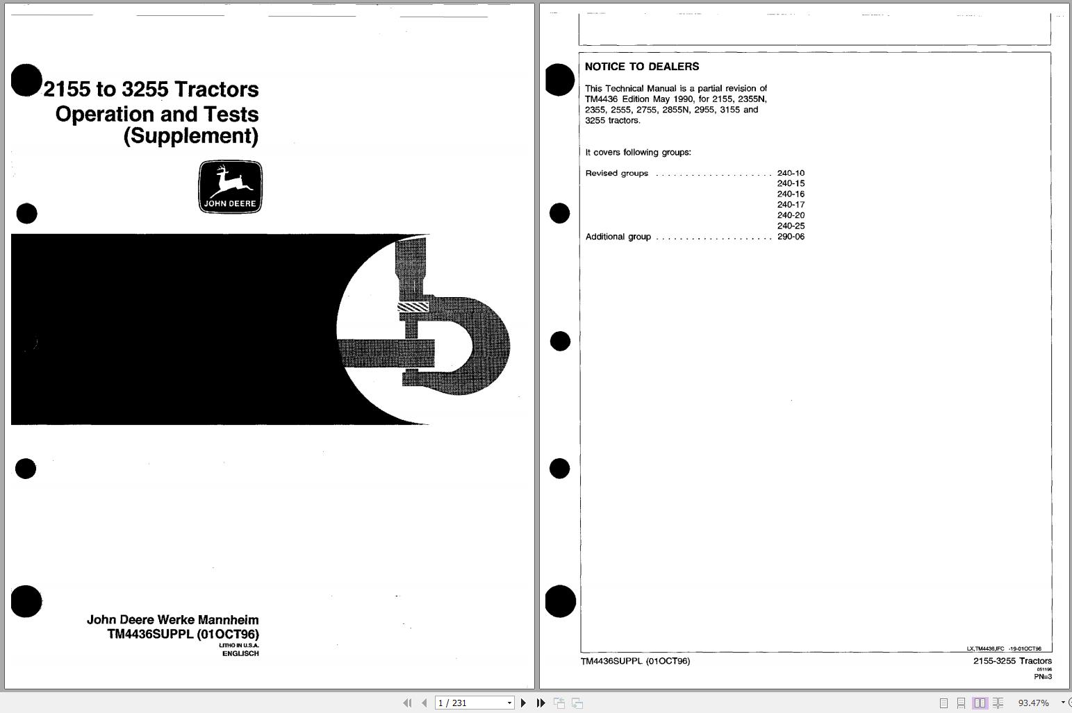 John Deere Tractors 2155 to 3255 Supplement Technical Manual TM4436SUPPL 1