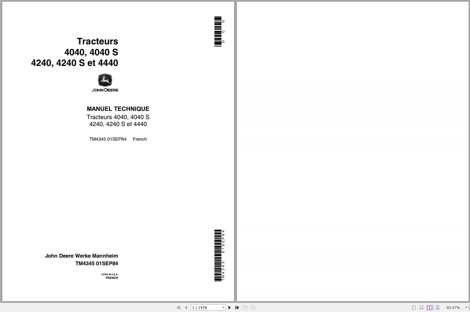 John Deere Tractors 4040 4040S 4240 4240S 4440 Technical Manual TM4345 FR 1