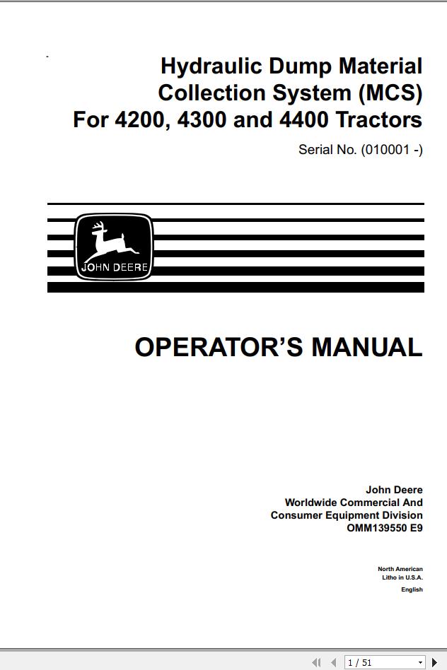 John Deere Tractors 4200 4300 4400 SN 010001 Operators Manual OMM139550 E9 1