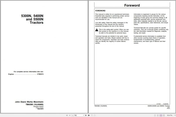 John Deere Tractors 5300N 5400N 5500N Technical Manual TM4598 01.2000 1