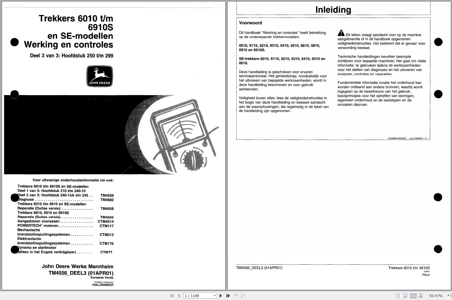 John Deere Tractors 6010 to 6910S SE Models Technical Manual TM4556 NL 1