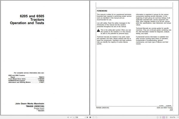 John Deere Tractors 6205 6505 Technical Manual TM4608 12.2000 1