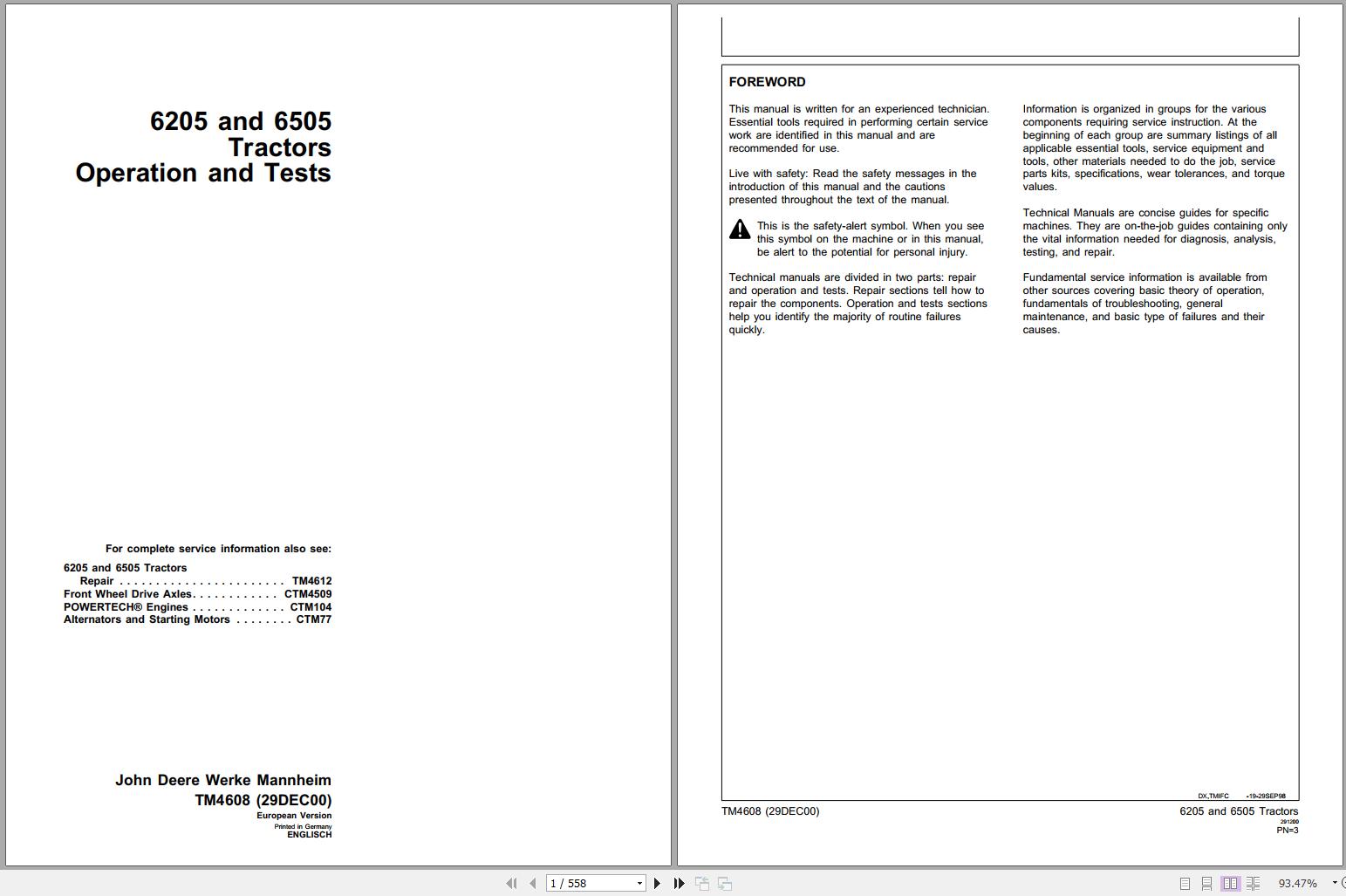John Deere Tractors 6205 6505 Technical Manual TM4608 12.2000 1