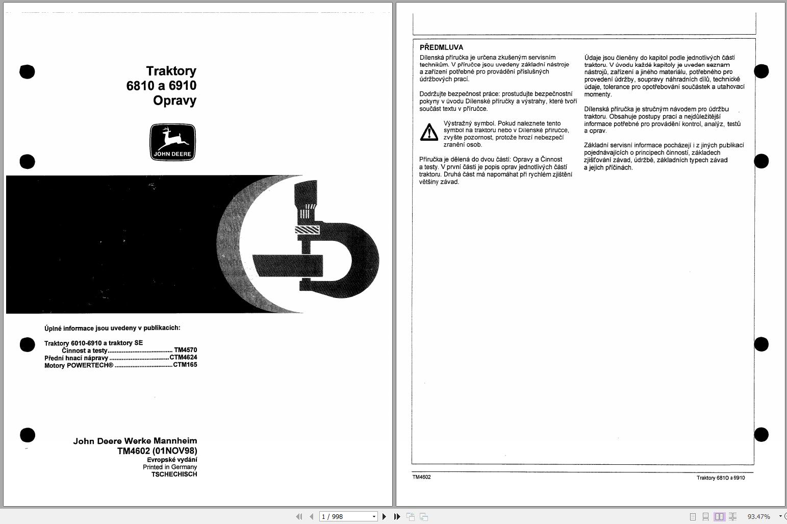 John Deere Tractors 6810 6910 Technical Manual TM4602 CS 1