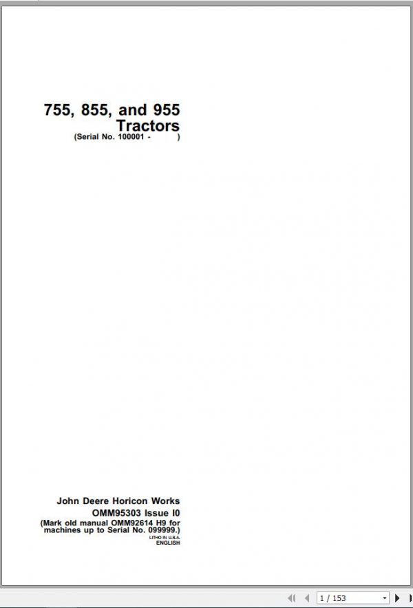 John Deere Tractors 755 855 955 SN 100001 Operators Manual OMM95303 I0 1