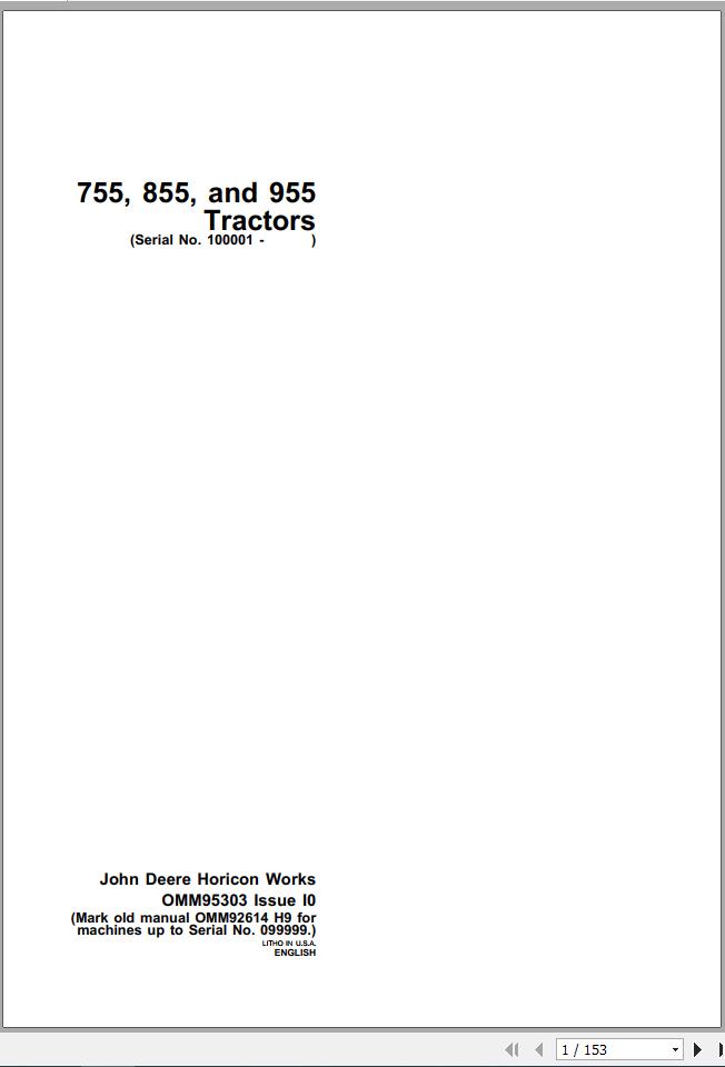 John Deere Tractors 755 855 955 SN 100001 Operators Manual OMM95303 I0 1